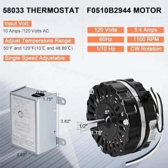 F0510B2944 with 120V F0510B2944 Black Motor & 58033 Thermostat Attic Fan Motor - Picture 2 of 4